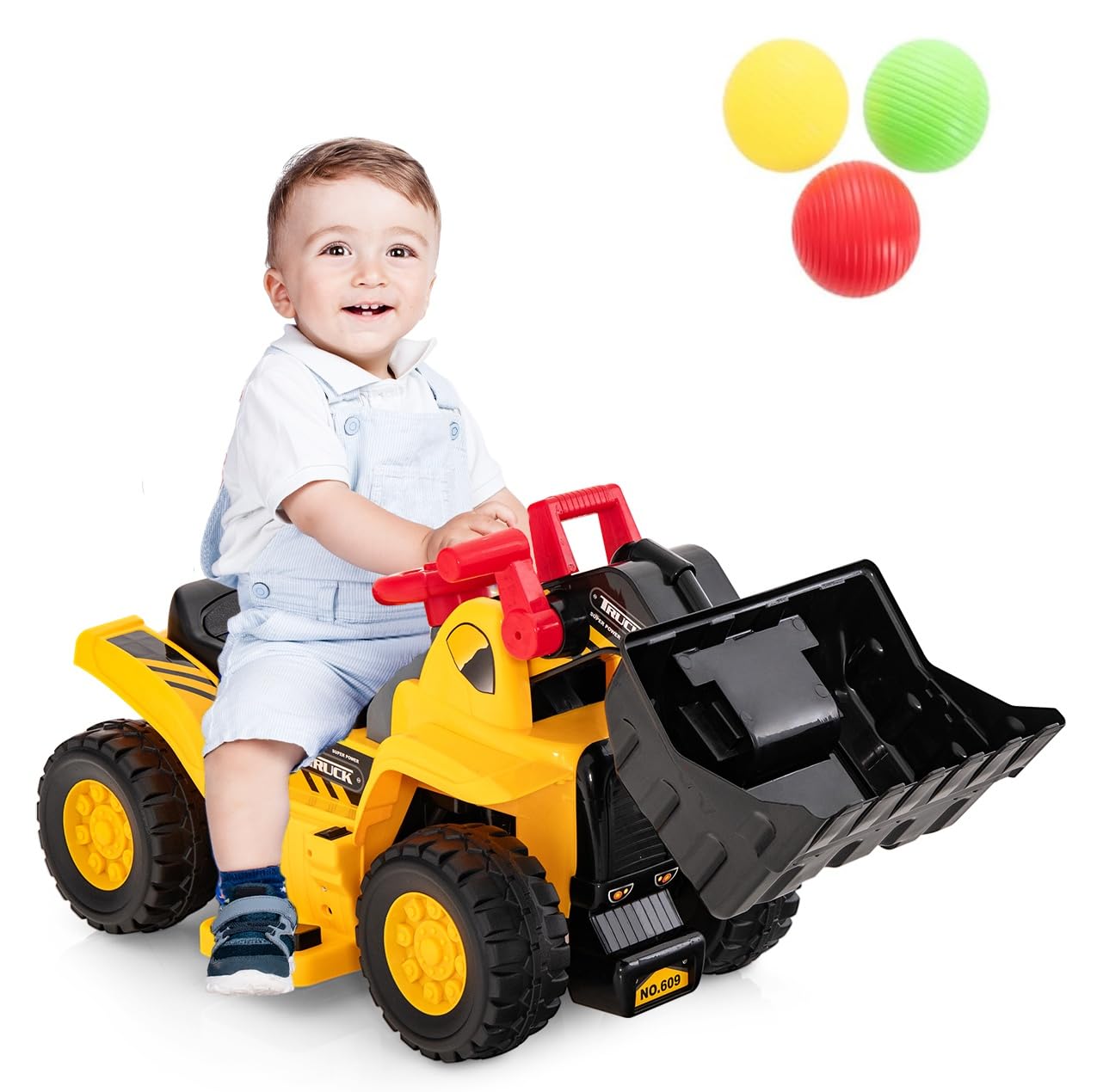 DREAMADE Bagger zum draufsitzen, Elektro Sitzbagger mit Internem Stauraum, Kinderbagger mit Basketballkorb & Sound-Tasten & 3 Bällen, Sandbagger Aufsitzbagger für Kinder ab 2 Jahren