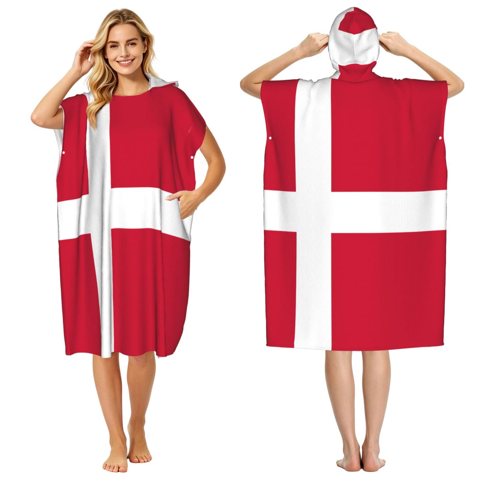 Zaixiansj 110cm Danish flag Print Adult Changing Robe Hooded Towel Poncho Surf Swim Beach Cover Up with Pockets