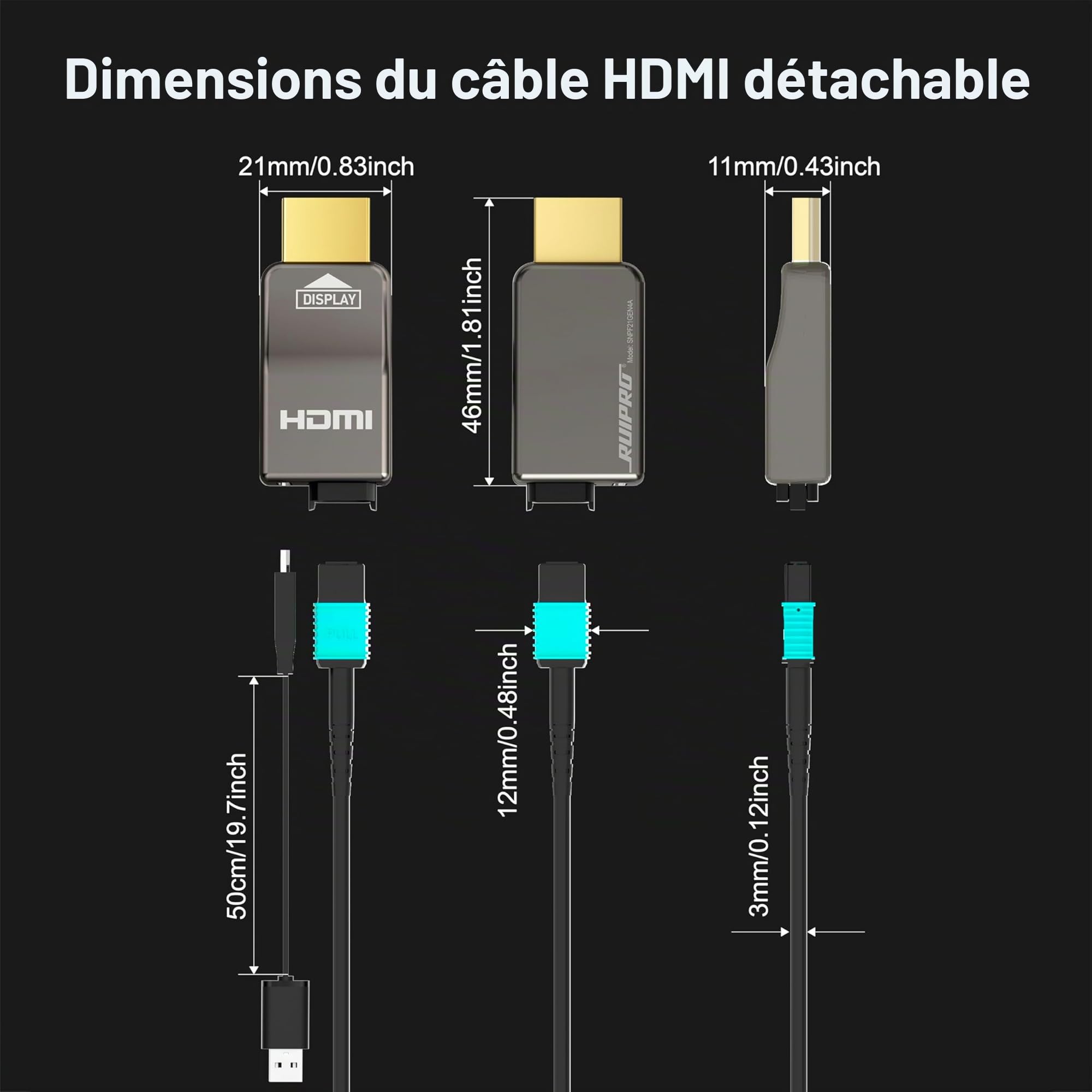 RUIPRO Câble HDMI 8K 10M Détachable en Fibre Optique Pure, Armé en Acier Inoxydable, HDMI 2.1 Ultra Haute Vitesse 48Gbps, 8K@60Hz 4K@120Hz, HDR, eARC, Compatible avec PS5, Xbox, TV, Projecteur