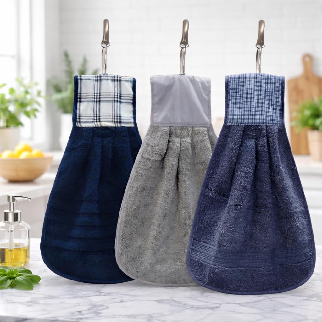 Giza COTTON Hand Towel with Loop | 600 GSM | Hanging Napkin for Wash Basin, Kitchen Sink, Bathroom| Pack of 3 in (Grey, Blue and Cream)-image-49