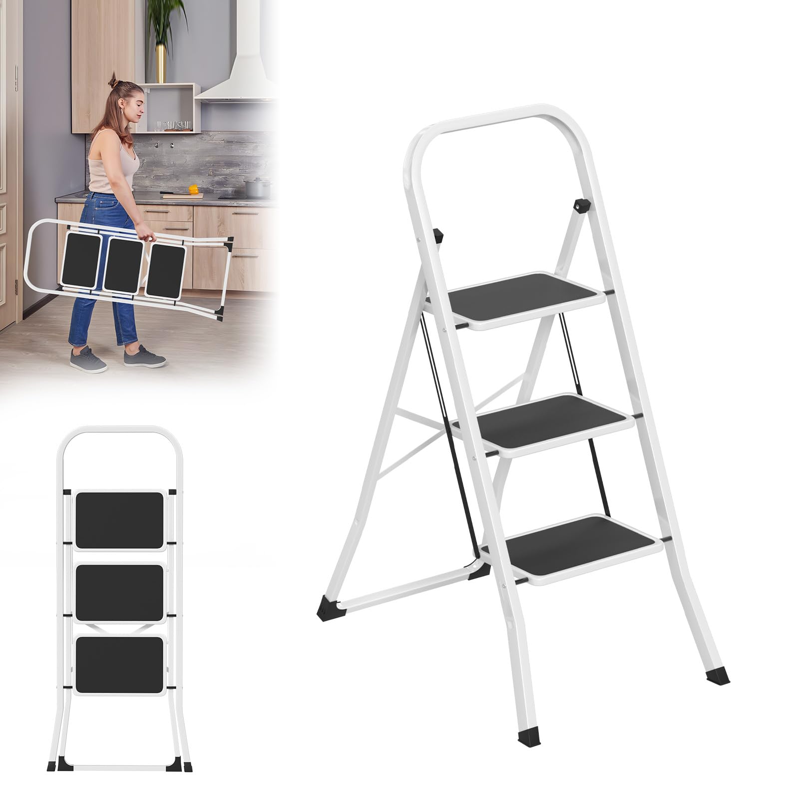LARS360 Scala pieghevole a 3 livelli, in acciaio con gradini antiscivolo, portata 150 kg, pieghevole, per casa, cucina, ufficio, salvaspazio, solo 5 cm (nero + bianco)