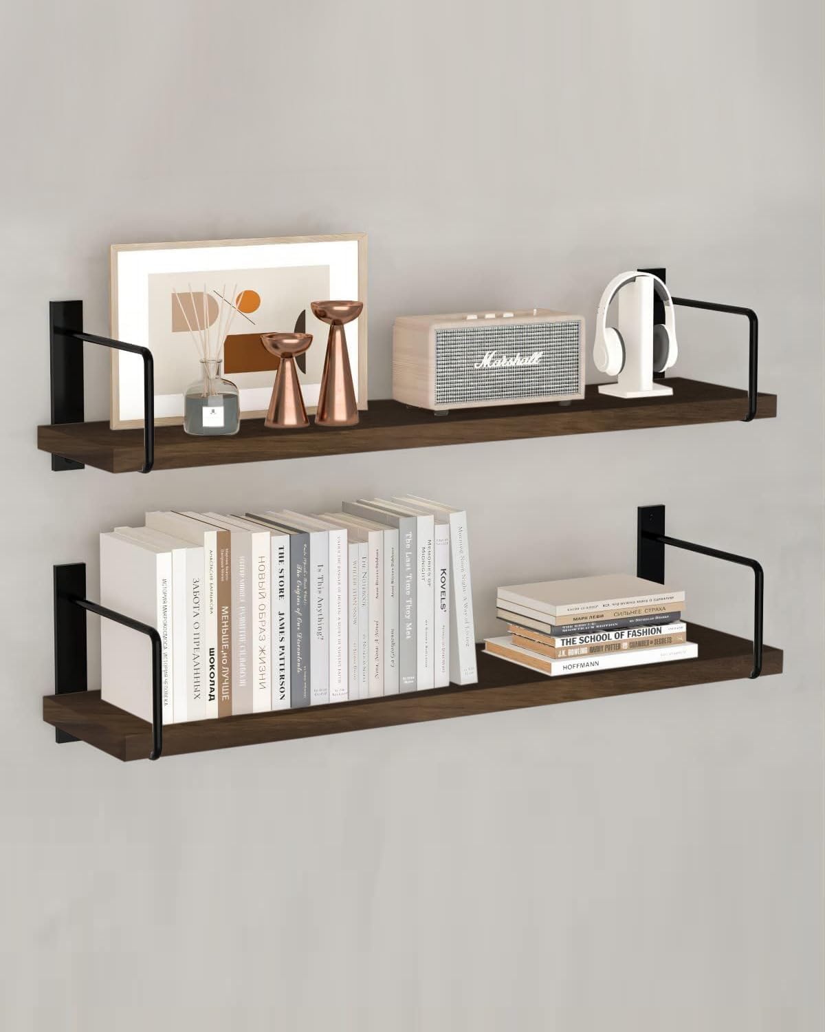 Engineered Wood Floating Wall Shelves for Wall Decor Metalic Black Wall Shelf Storage Organizer |Display Shelf for Living Room, Bathroom, Kitchen & Bedroom Décor (Brown)
