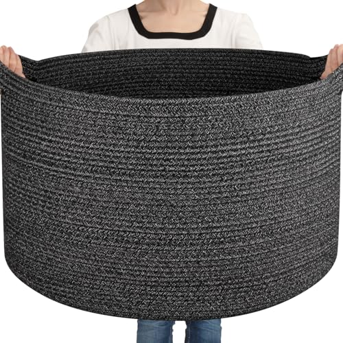 OIASKET Large Woven Baskets for Storage, 23.6" x 23.6" x 14.6" Blanket Storage Living Room, Baby Toy Basket for Clothes, Pillows, Towels, Shoe Basket for Entryway (Black)
