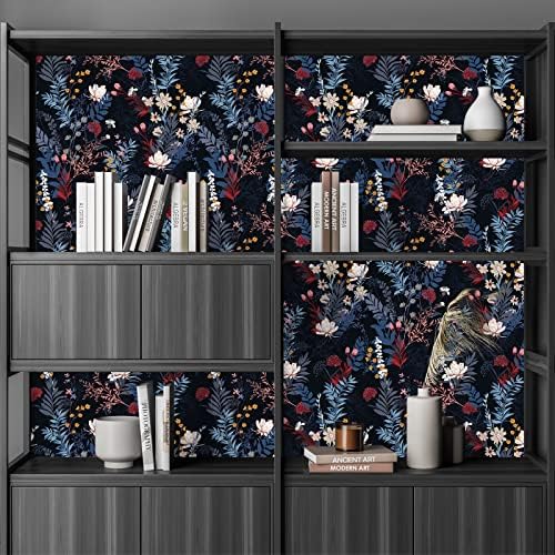 VEELIKE Black Flower Wallpaper Self-Adhesive Blue Leaf Contact Paper Tropical Floral Sticky Back Plastic Botanical Wall Mural Jungle Vinyl Wrap for Furniture Sticker Bedroom Livingroom 44.5cm×300cm