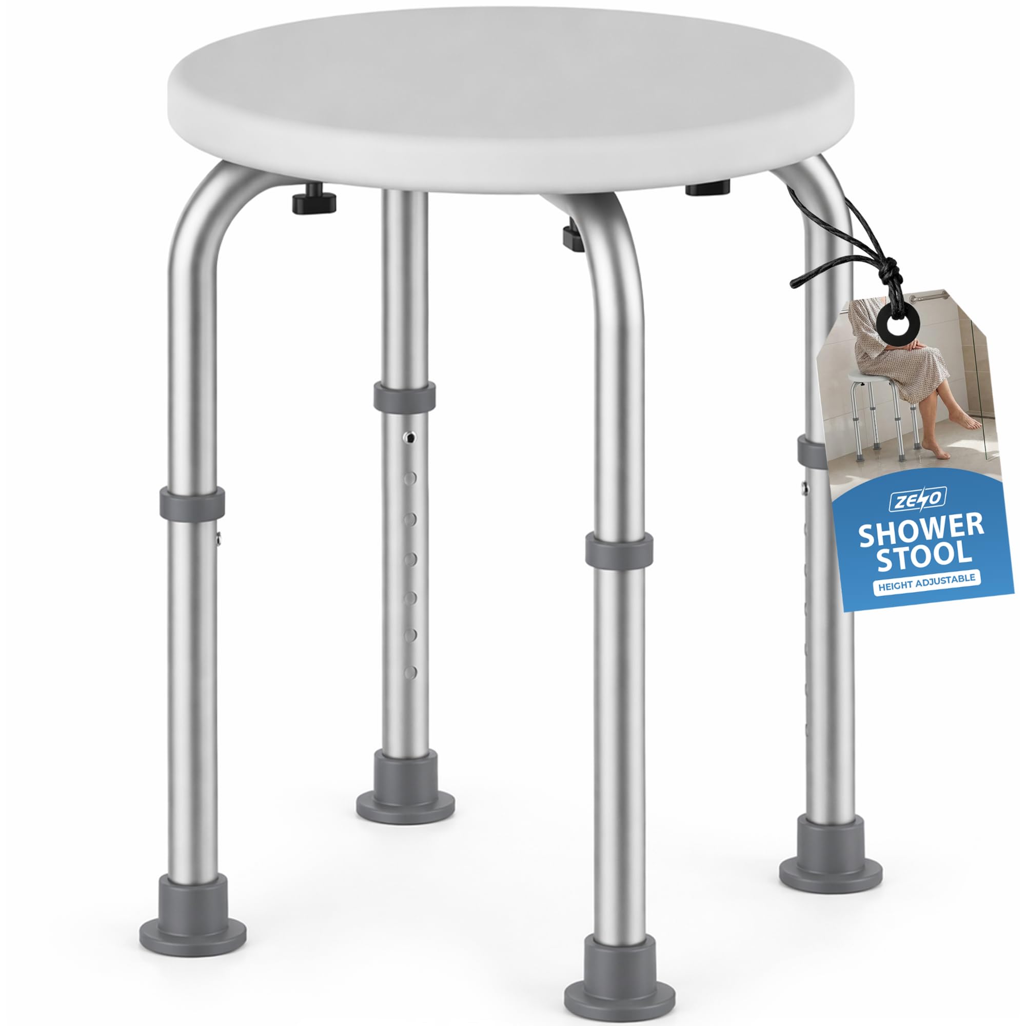 Zeno White Shower Stool 50Cm | Bath Seat Height Adjustable | Shower Chair | Shower Stools To Sit On In Shower | Shower Seat With Aluminium Frame & Non Slip Feet | 7-Height Shower Stool For Elderly