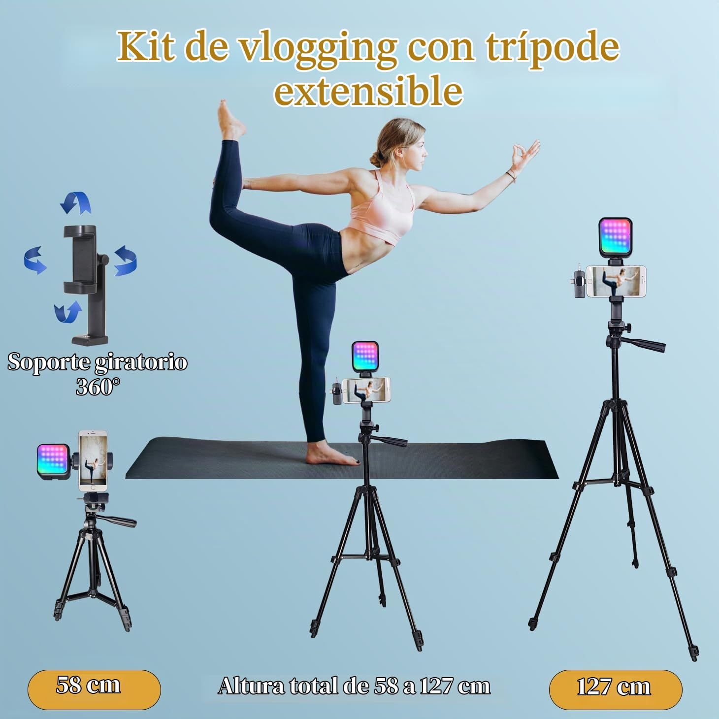 Vlogging Kit, Vlogging Kit para iPhone Andriod Phone, Kit de Vídeo Influencer w/Lavalier Mic/Luz RGB/Remoto/Trípodo Extensible Trípode móvil