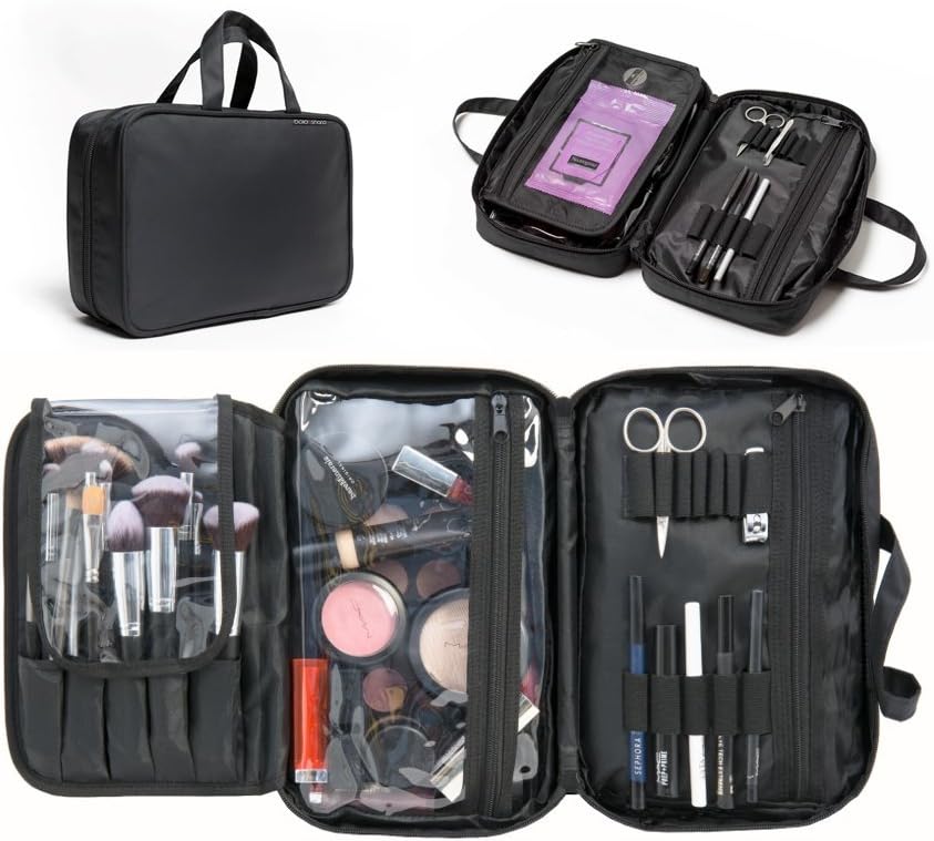 Makeup Bag & Cosmetic Travelling Organizer. Multifunctional Waterproof Appropriate Capacity Storage Case Divided Compartments with Brush Holders – for Teen Girls, Woman and Artists.