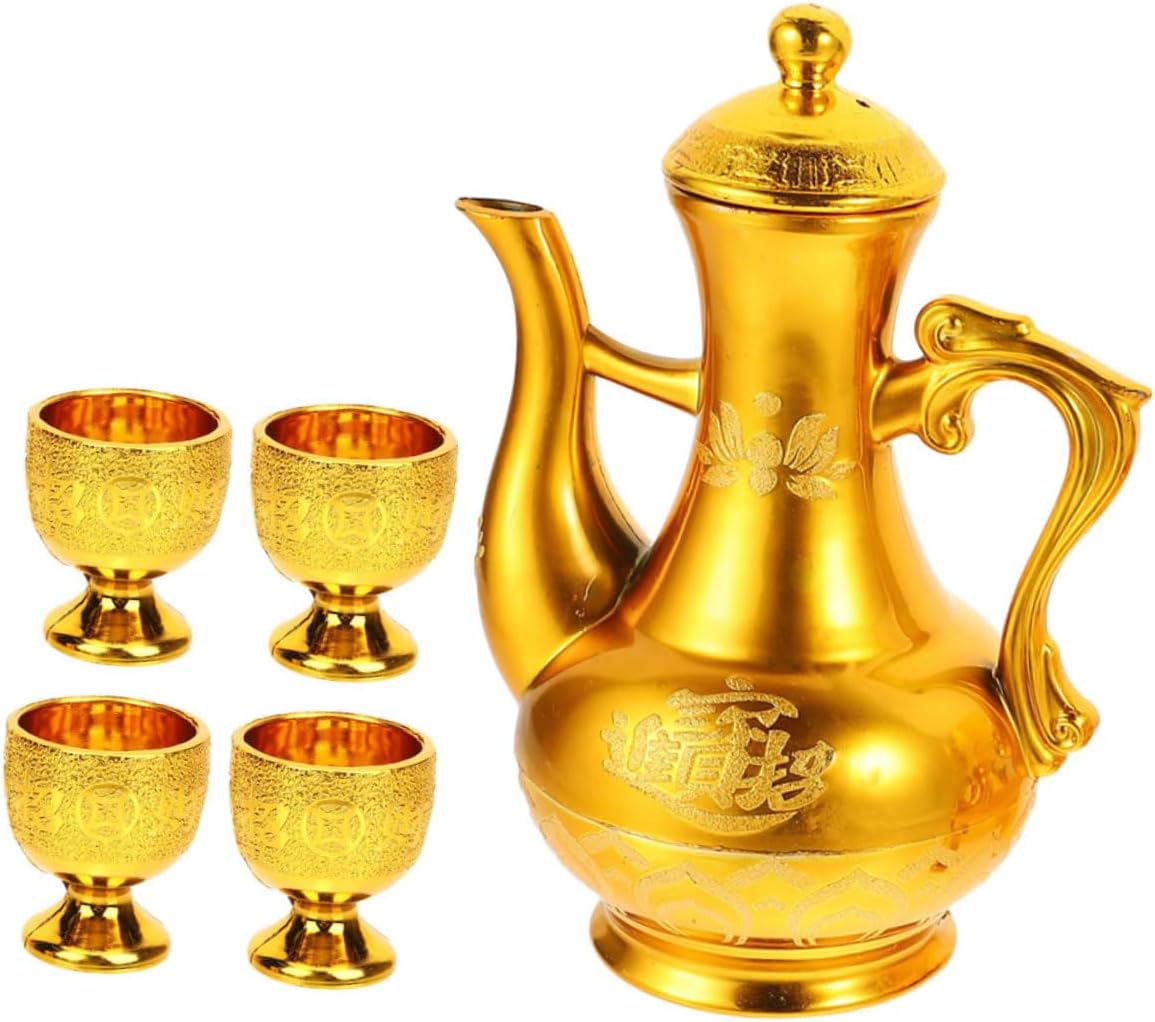 Ciieeo Golden Lotus Tea Pot Set Offering Cup Retro Kettle and Decorative Water Cup for Buddhist Rituals Home Decoration and Ceremony