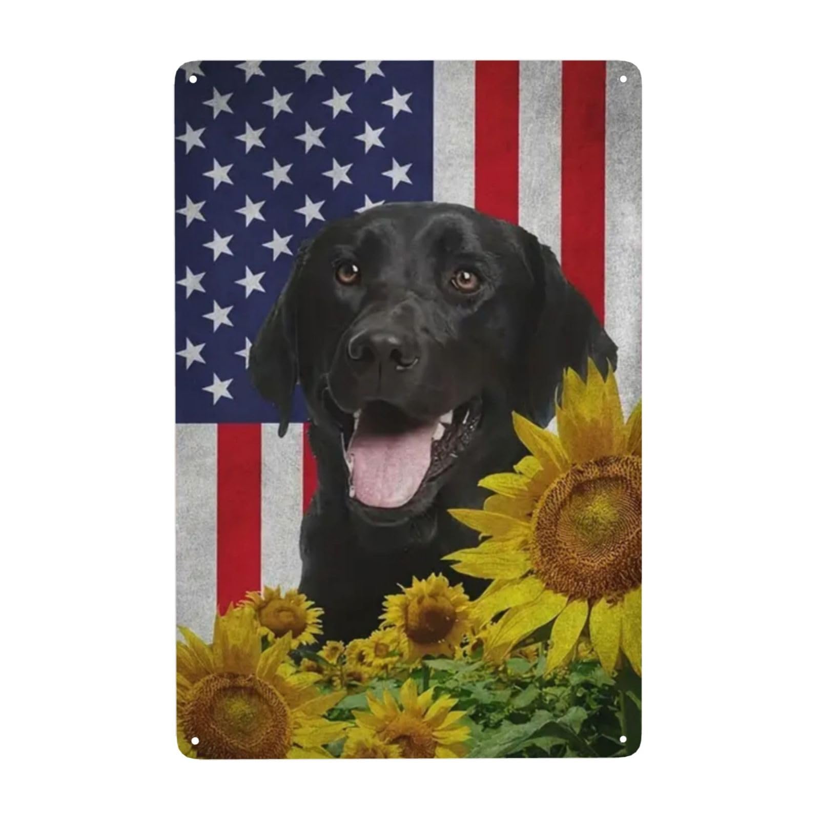 Vintage Metal Tin Sign American Flag Cute Black Dog Sunflower Flowers Floral Sign 8x12 Inch