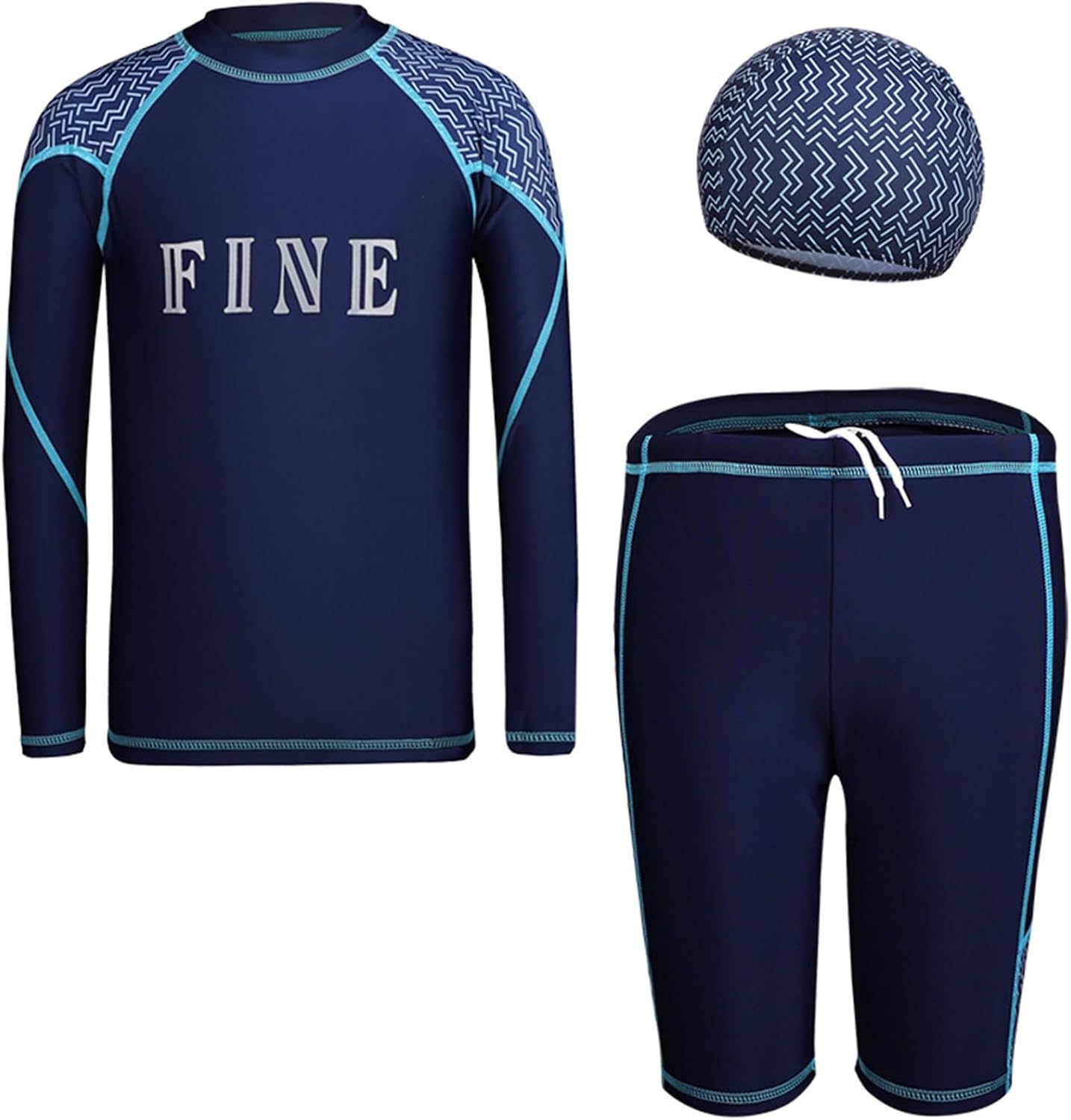 Big Boys 3 Pcs Athletic Swimsuits Swim Shirts with Boardshorts Swimming Hat Bathing Suits