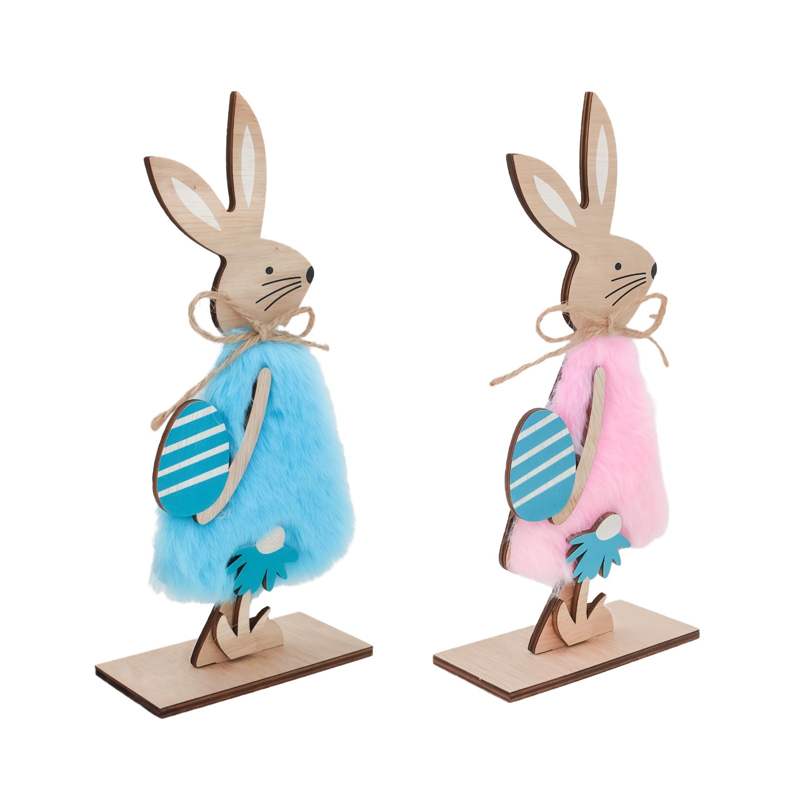 Baseballbat 2 Pack Easter Bunny Figurines Wooden Table Decorations Blue and Pink Bunny Decorations with Egg Accents Spring Holiday Decor for Fun Home Indoor Tabletop Mantel Easter Party Decoration