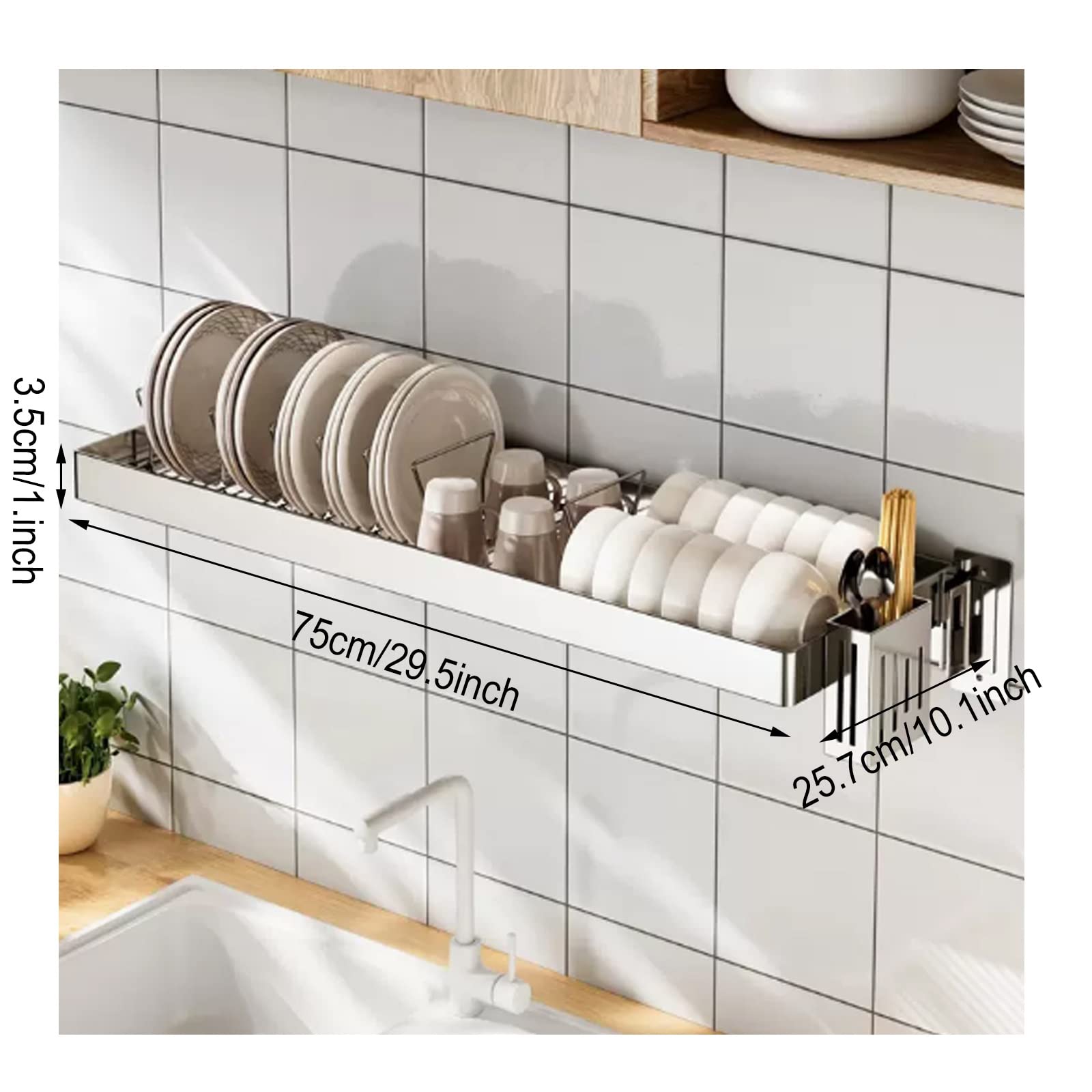 Modern Kitchen Credenza - Escurridor de pared de acero inoxidable de alta capacidad para encimera de cocina (plateado, 75 x 25,7 x 3,5 cm), ahorra espacio