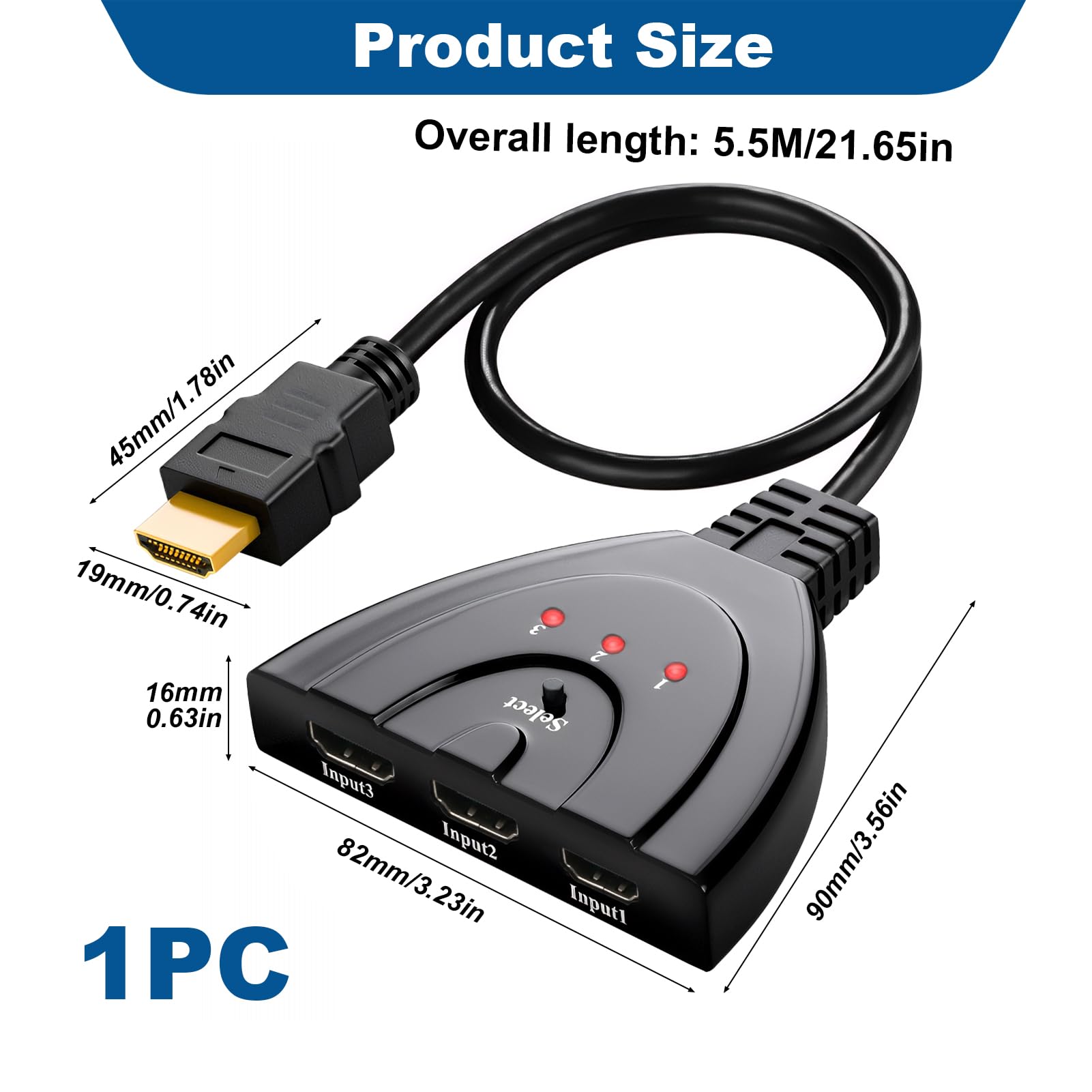 HDMI Switch 3 Ports Commutateur HDMI Sélecteur Splitter 3 Entrée 1 Sorties Répartiteur 4K@30Hz Full HD Pris en Charge Câble Haute Vitesse UHD pour PS5 for X Box Roku Fire TV Stick HDTV One chromecast