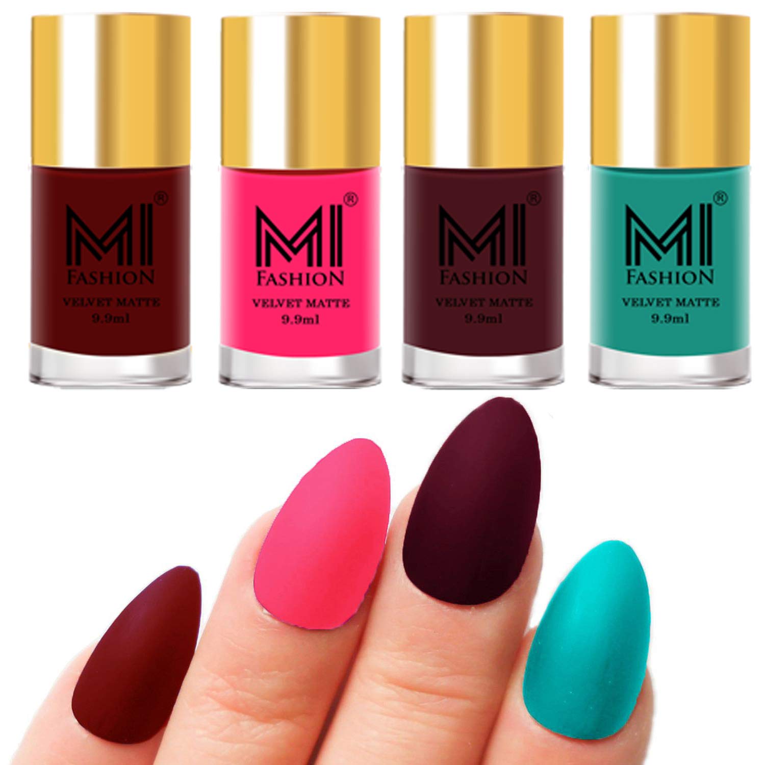 MI FASHION Velvet Matte Nail Polish Sets Long-Lasting & Waterproof 9.9ml Unique Color Red, Neon Pink, Red Wine, Sky Blue (Pack Of-4)-image-11