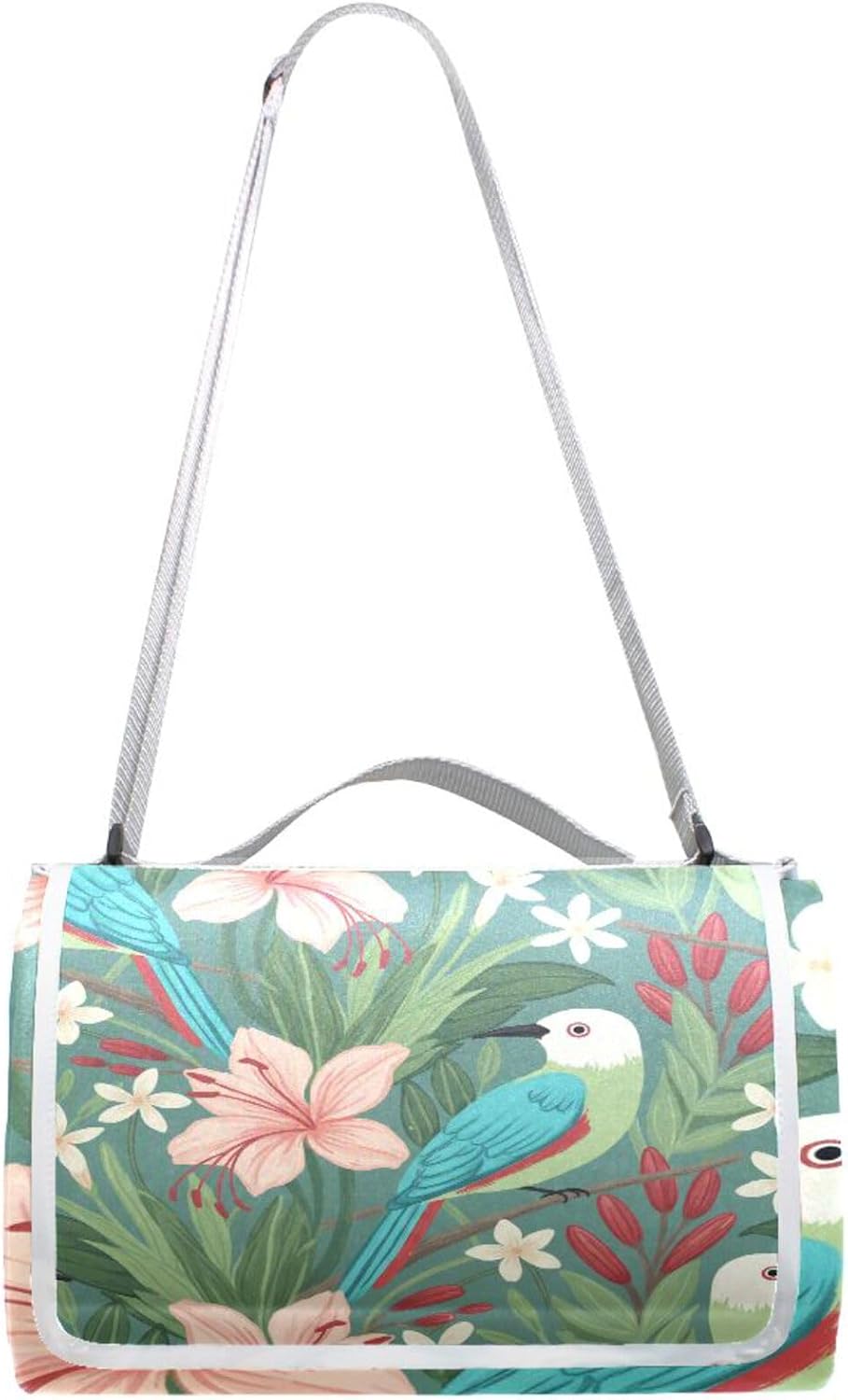 MNSRUU Picnic Blanket Waterproof Foldable, Birds in Lily Floral Large Outdoor Picnic Beach Camping Blanket Travel Mat, Shoulder Strap Tote, Rectangle 57x59in