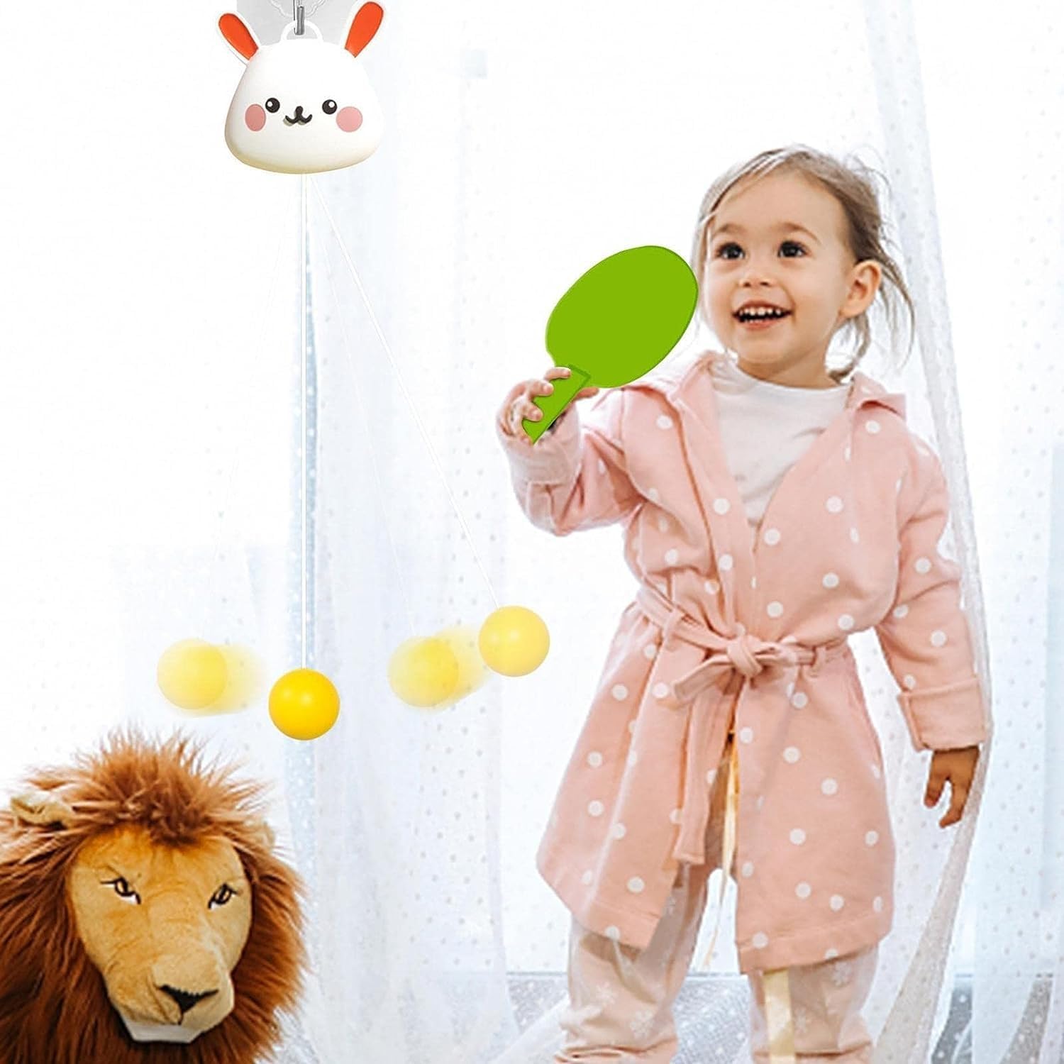 Hanging Table Tennis Trainer, Portable Ping Pong Paddle Set for Kids with Racket and Balls, Parent-Child Door Pong Game Exerciser, Full Pingpong Starter Kit for Outdoor & Indoor Games (Frog+Rabbit)