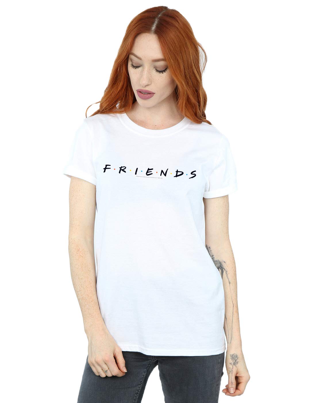 Absolute Cult Women's White Friends Text Logo Boyfriend Fit T-Shirt Medium