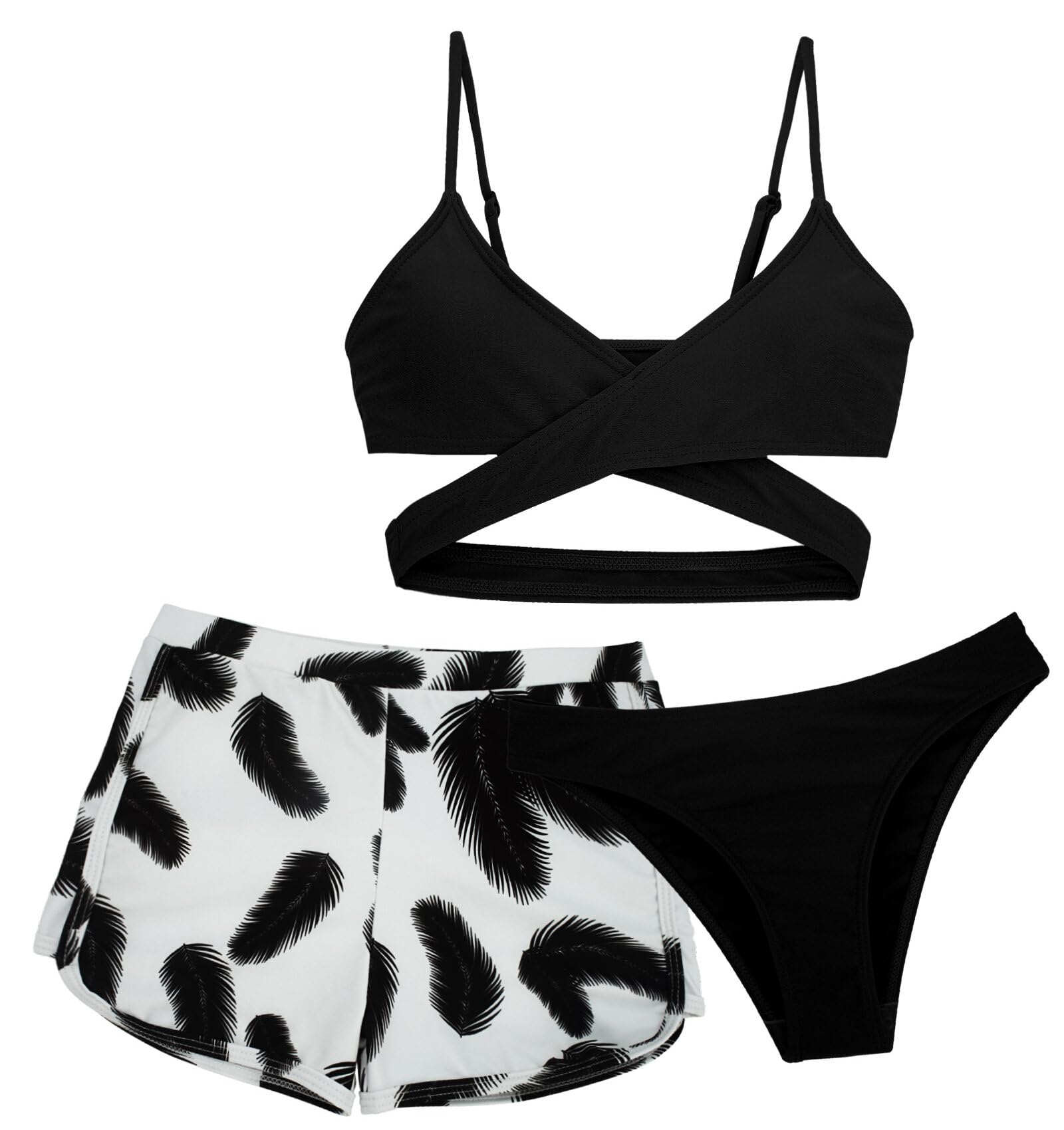 Happy Cherry 3 Stück Mädchen Bikini Sets Badeanzug Kinder 50 UPF UV Sonnenschutz Bademode Teenager Schwimmanzug Rückenfrei Top Triangel Bikinihose Shorts für 8-9 Jahre