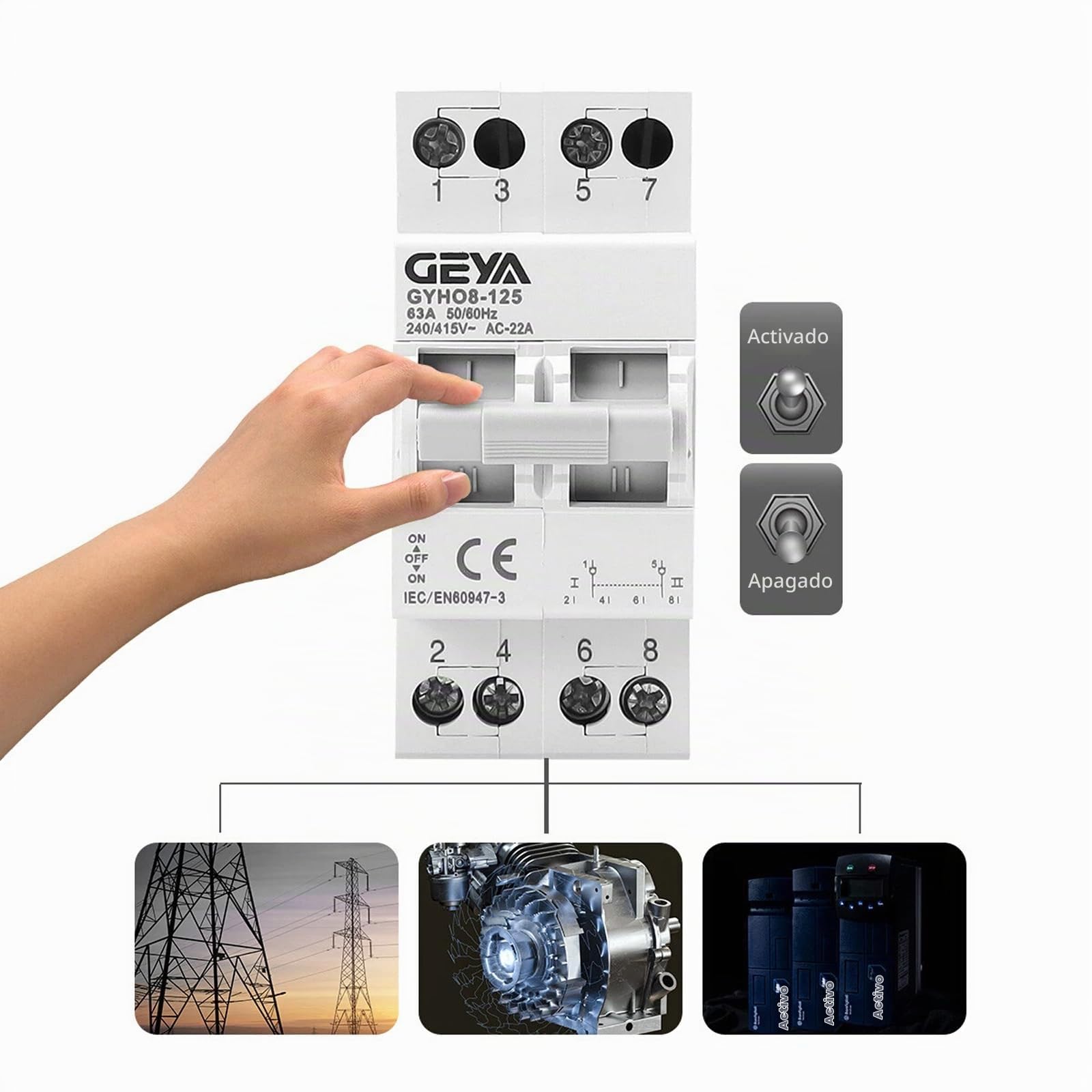 Interruptor de transferencia manual de alimentación doble para la red y el generador Interruptor de aislamiento de conversión manual DIN Rail Mount(4P-63A-400V)
