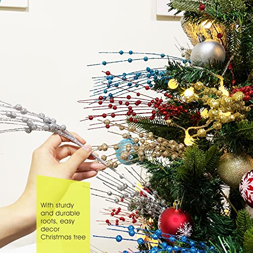 Rifny 12 Pack Room Decor Artificial Glitter Berry Stems Ornaments-17 Inch Fake Glitter Berries Stem For Christmas Tree Wreath Diy Craft, Vase Filler Wedding Party Home Table Decorative (Silver) #TOP1