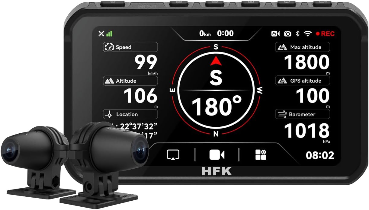 HFK HC50 Motorcycle CarPlay & Android Auto, Motorcycle Carplay GPS Navigation System, 5.7” Touch Screen with 2K Dual Dash Cam, Bluetooth, 5G Wi-Fi, IP69K Waterproof (HC50-128GB)