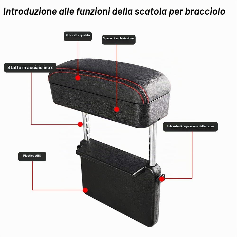 Universale Bracciolo Pelle Divario del Seggiolino Auto Bracciolo Console Centrale Bracciolo Centrale Auto Poggiabraccio Nero&Rosso(1PC)