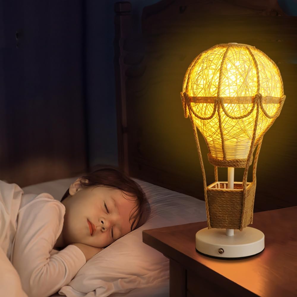 Kinder Nachttischlampe mit Touch Dimmbar, Tischleuchte Boho Kabellos, Kinderzimmer Heißluftballon Lampe Rattan Hanfseil Design Kinder Nachtlicht 3000K Warmes Licht für Schlafzimmer