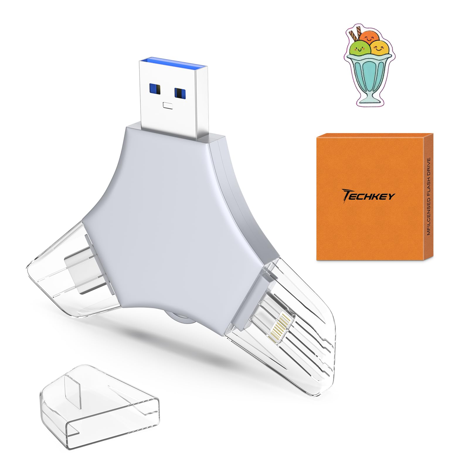 USB 3.0 Flash Drive 64gb for iPhone, 3in1 External Memory Picture Keeper Storage Stick for Photo/Video/Data Saver/Backup, V1.65 High Speed Thumb Drives for iPhone/iPad/Android/PC - Cold