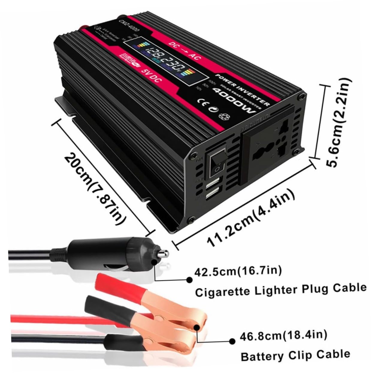 Inverter Di Potenza Display Lcd Digitale Convertitore Per Auto Con Porte Usb e Protezione Completa Scocca in Lega Di Alluminio-magnesio e Di Raffreddamento Intelligente