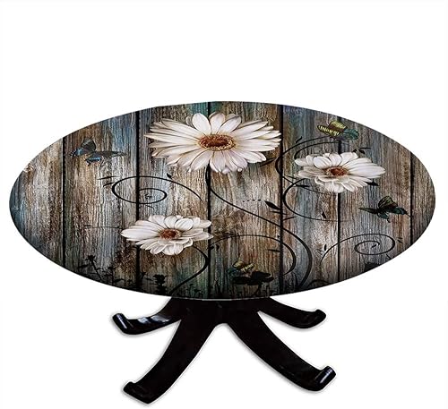 Mantel redondo rústico con bordes elásticos, margaritas florales grises, estilo de granja de campo americano, para mesas de comedor, fiestas de bufé