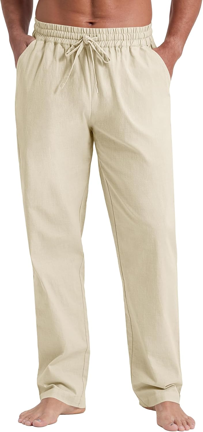 NITAGUT Mens Linen Pants Casual Elastic Waist Drawstring Lightweight Summer Beach Trousers with Pockets