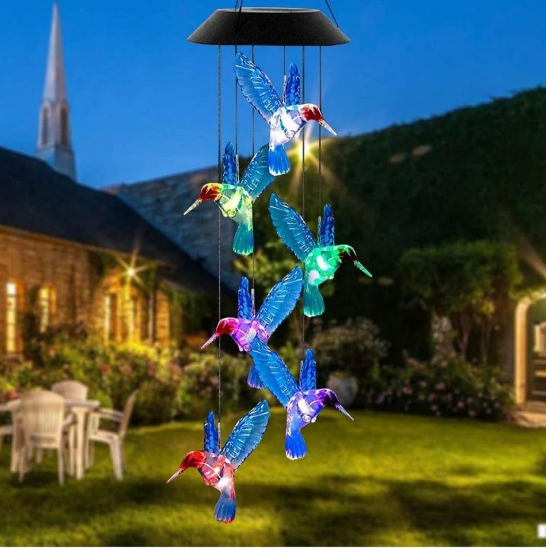 Solar Powered Hummingbird Wind Chime, LED Color Changing Mobile with Blue Crystal Birds, Outdoor Garden Decor, Hanging Light for Patio, Yard