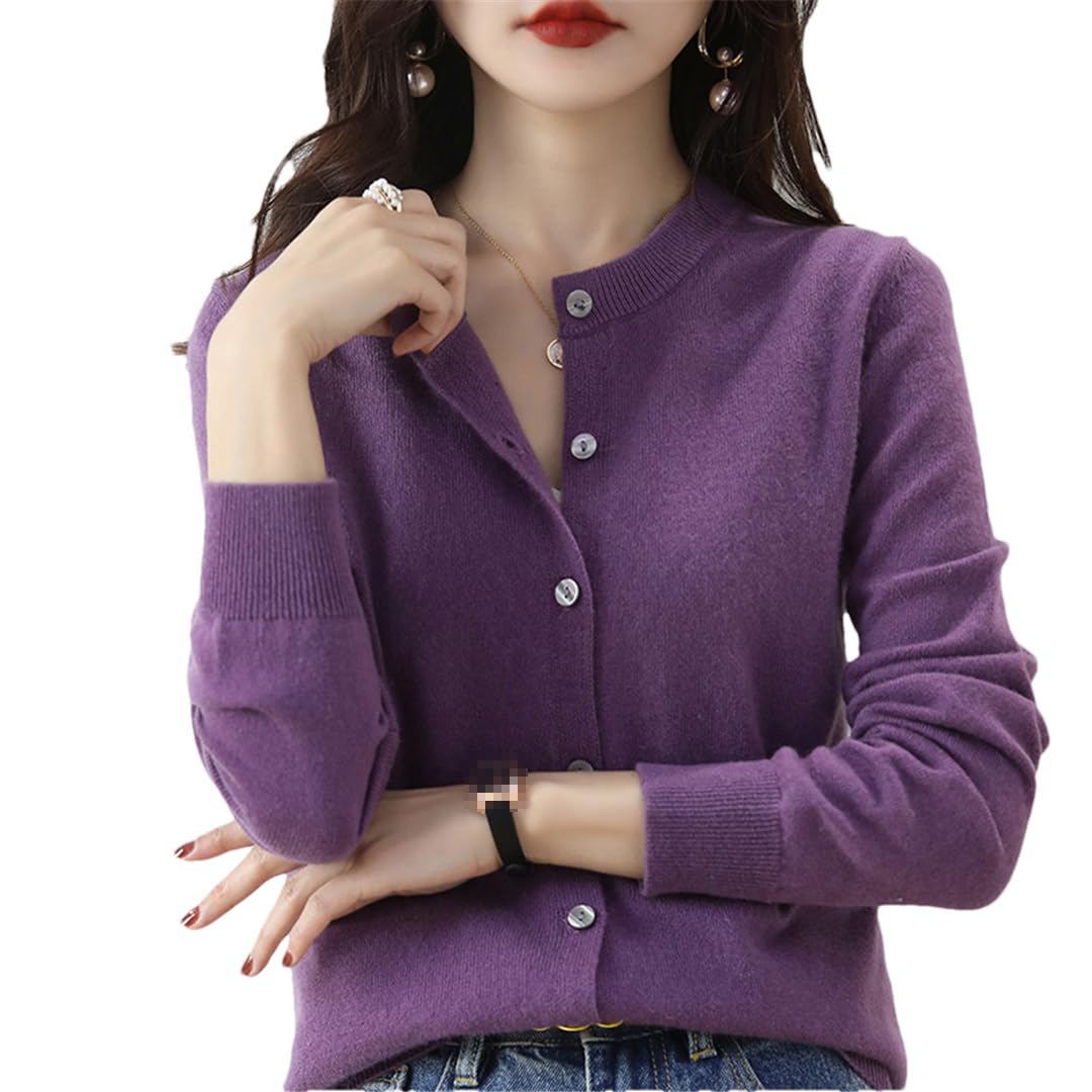 Cárdigan de cachemira para mujer, cuello redondo, suéter de punto suave para primavera, otoño e invierno, manga larga, color liso