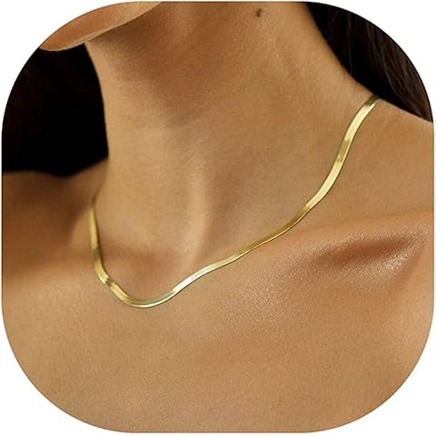 NECOCY 14K Gold Plated Necklaces for Women, Dainty Gold Herringbone Choker Necklace Thin Layered Snake Chain Jewelry for Gifts
