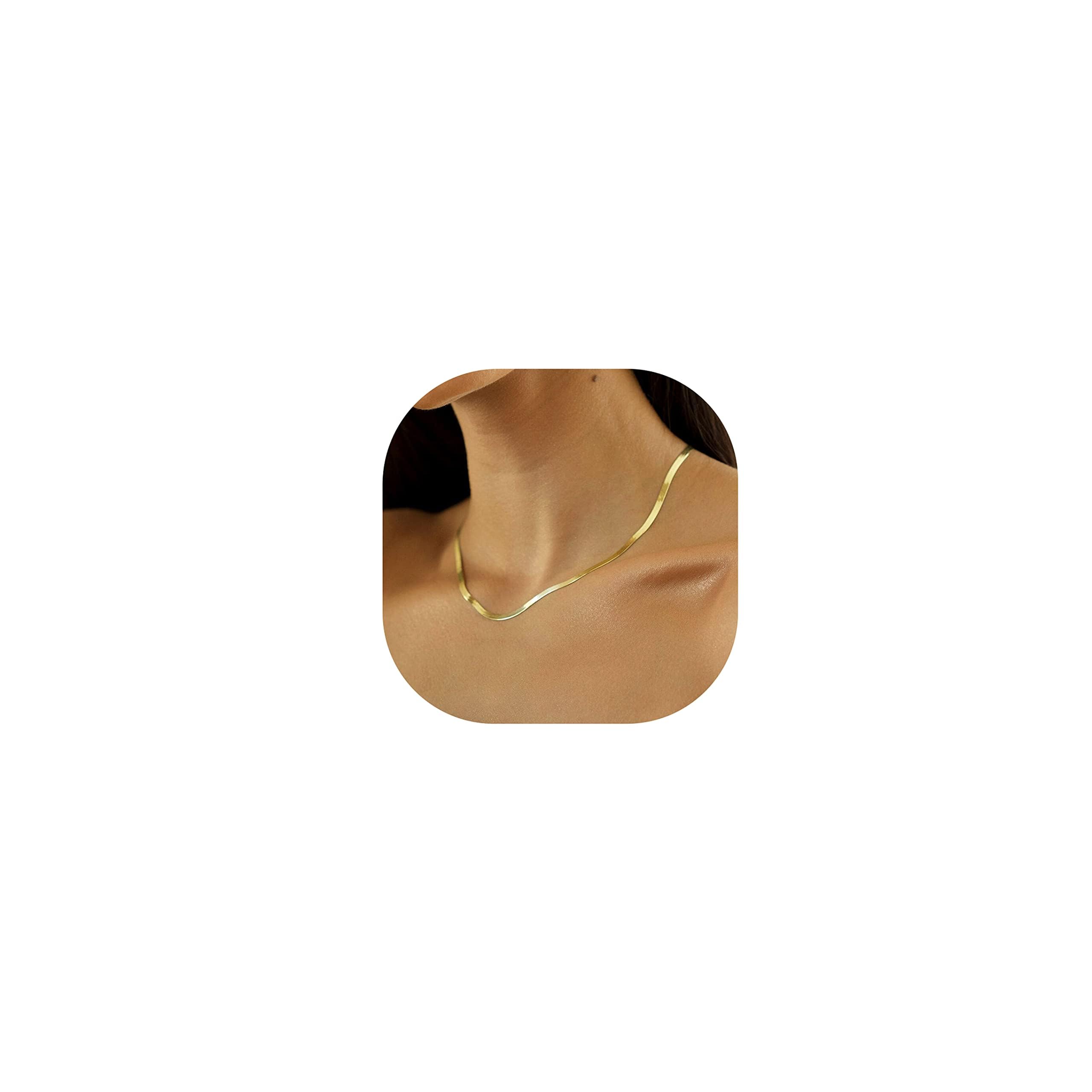 14K Gold Plated Necklaces for Women, Dainty Gold Herringbone Choker Necklace Thin Layered Snake Chain Jewelry for Gifts