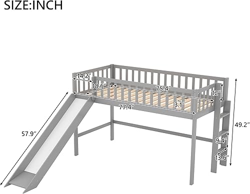 Miniatura 2 de Cama tipo loft de tamaño individual con tobogán, marco de cama baja de madera para niños y niñas (gris) Gris,Blanco