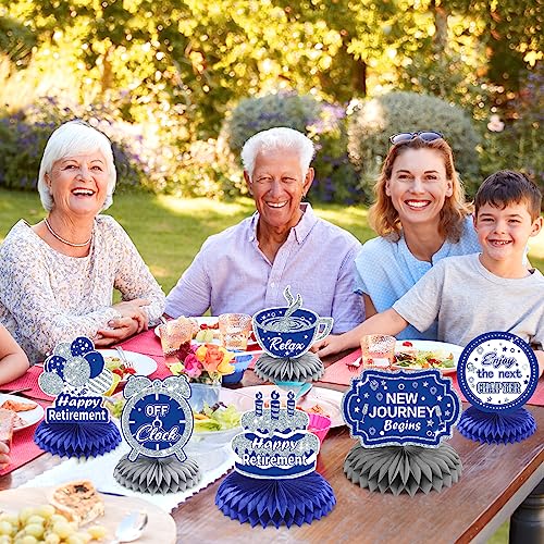 Image of 8Pcs Blue Retirement Decorations Navy Blue Silver Happy Retirement Table Honeycomb Centerpieces Farewell Table Topper Decor for Men Women Office Going Away Photo Booth Props Labor Day Party Supplies