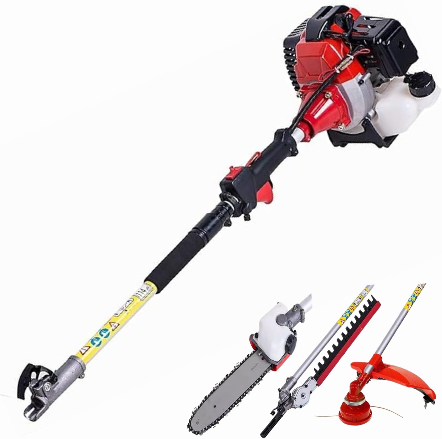 Dealourus 52cc 5-in-1 Long Reach Petrol Multi-Tool – Garden Hedge Trimmer, Brush Cutter, Strimmer, Chainsaw & Extension Pole