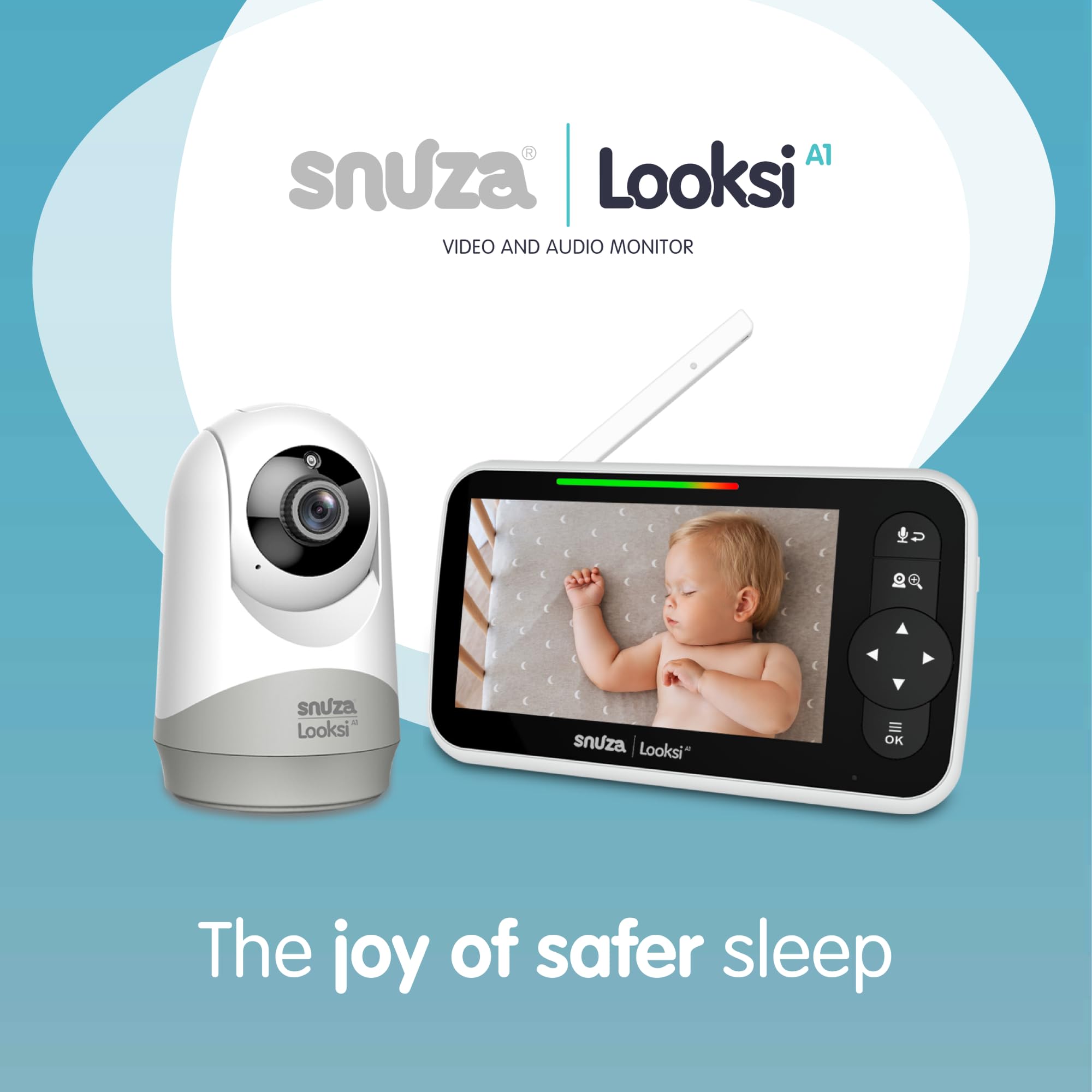 Snuza Looksi A1 Pan-Tilt-Zoom Moniteur Vidéo Bébé avec Ecran 5 Pouces Sécurisé Sans WiFi Portée 300m Parler 2 Voies Détection de Pleurs Température Berceuses