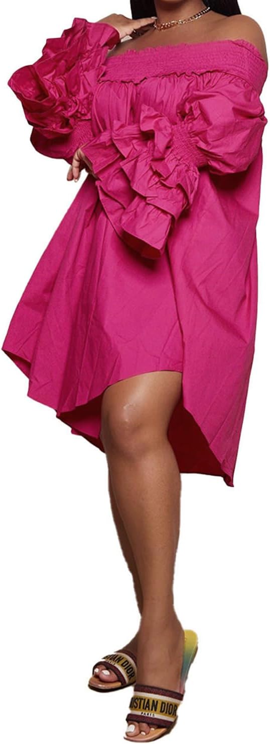 Off The Shoulder Dresses for Women Ruffle Sleeve Summer A-Line Pleated Midi Dress Plus Size