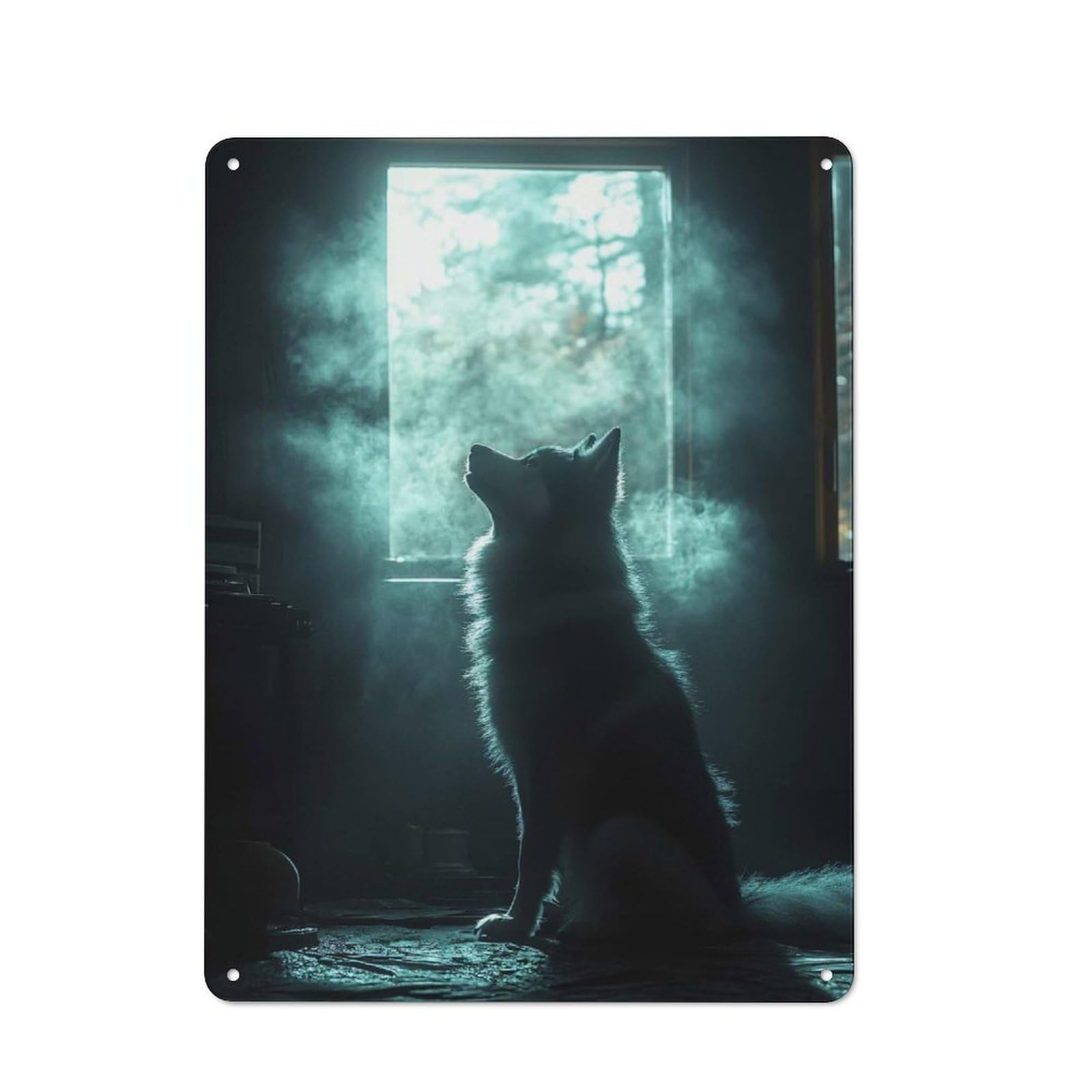 Vintage Metal Plaque 40x30cm Featuring Silhouette of A Dog by Window for Hallway Wall, for Wall Display Collectors