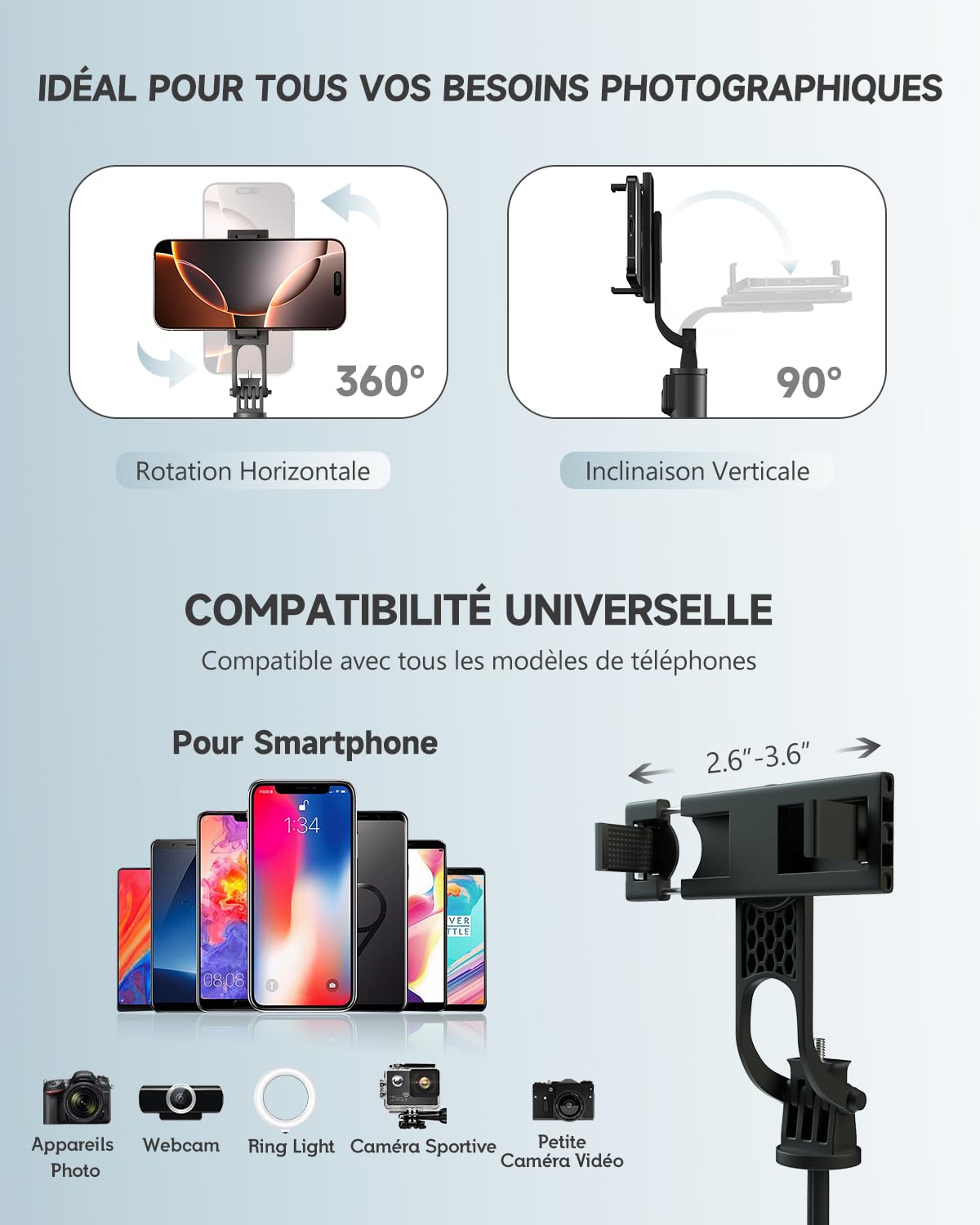 180cm Trepied Smartphone & Perche a Selfie, Trepied Telephone Portable Rétractable en Aluminium avec Télécommande sans Fil pour iPhone/Samsung/Android/Caméra