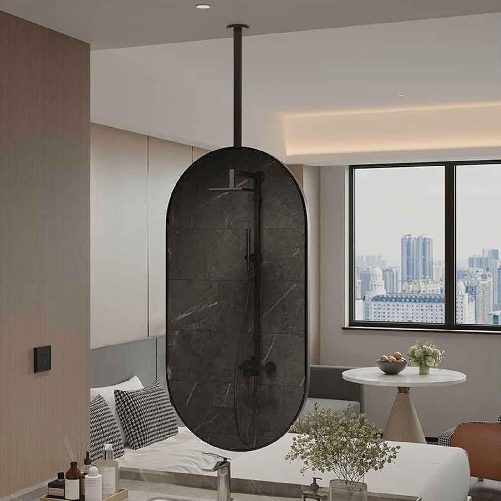 FGXHHS Black Metal Ceiling Mounted Oval Mirror, Mirror with Hanging Rod, Suspended Corridor (40cmx70cm)