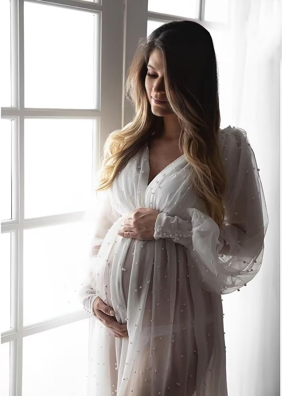 Pearl Tulle Maternity Dress for Photoshoot Long Puffy Sleeve Maternity Photoshoot Gown Babyshower Pregnancy Gown