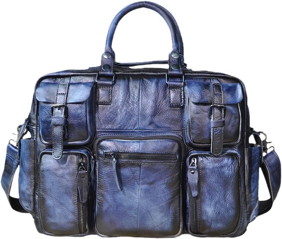 Haitpant Men Real Leather Vintage Large Capacity Travel Briefcase Business 15.6" Laptop Case Attache Messenger Bag