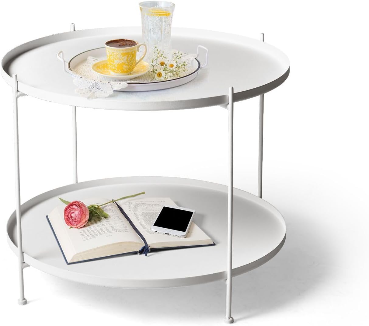 Modern Metal End Table, 23.6 Inch Round Side Table Indoor/Outdoor, Living Room Small Coffee Table, Industrial Night Stand with 2-Tier Storage Shelf (White) White-2 Tier 23.6"(D)x21.65"(H)