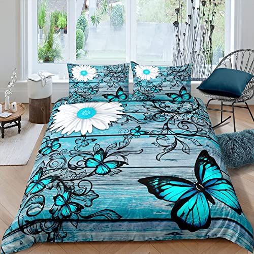 Funda Nordica Cama 180 Mariposa Verde Juego de Cama Flor de Microfibra Suave Impresión 3D Funda Nórdica Tabla de Madera Vintage Funda Edredon 260x240 cm y 2 Fundas de Almohada