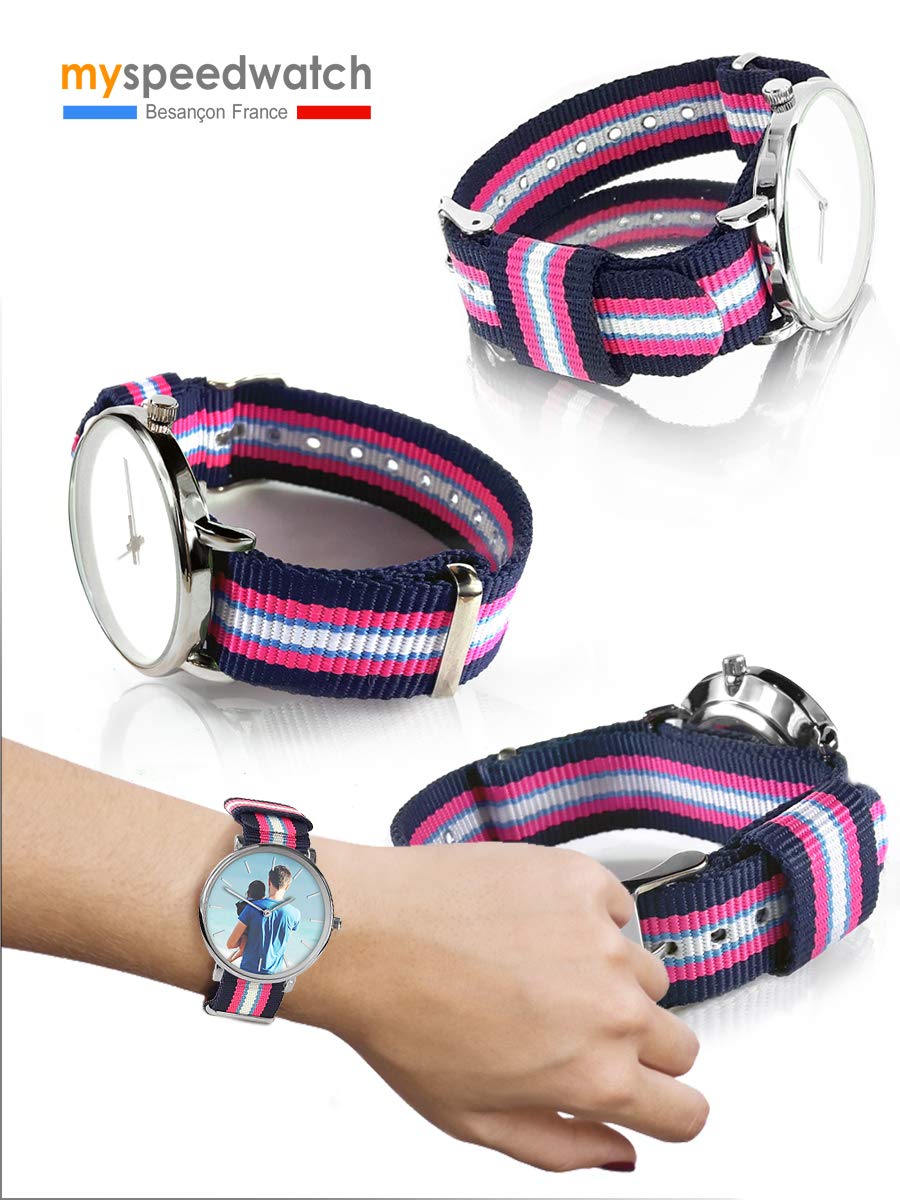 Reloj personalizado con una foto, un Texto. Reloj unisex para hombre o mujer. Regalo personalizado pulsera trenzada NATO a rayas, colores modernos. Regalo para el día del padre, Modelo mixto Ø: 38