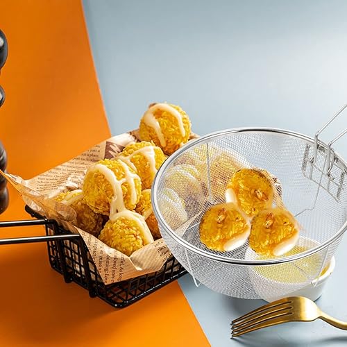 Miniatura 6 de Cesta redonda para freír acero inoxidable: soporte para papas fritas, mesa de alimentos fritos, filtración de residuos de aceite para cocina,