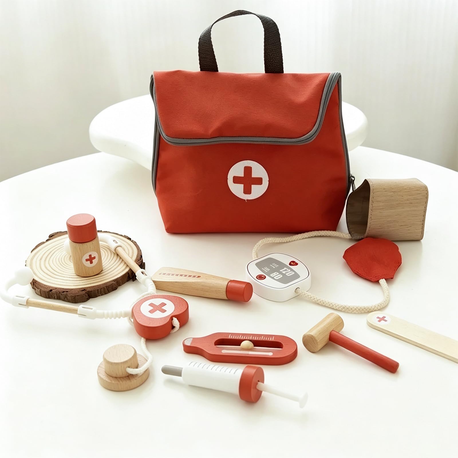 Set medico rosso in legno di simulazione kit educativo di simulazione medica con valigetta medica per gioco di ruolo e sviluppo dell'apprendimento precoce